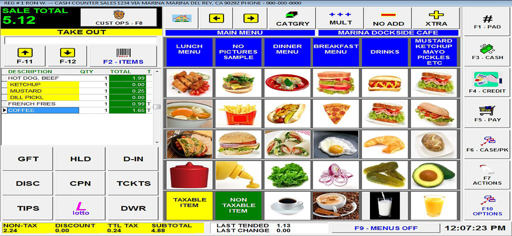 Windows POS software interface with a food menu and digital receipt displayed through Remotix RDP Kiosk