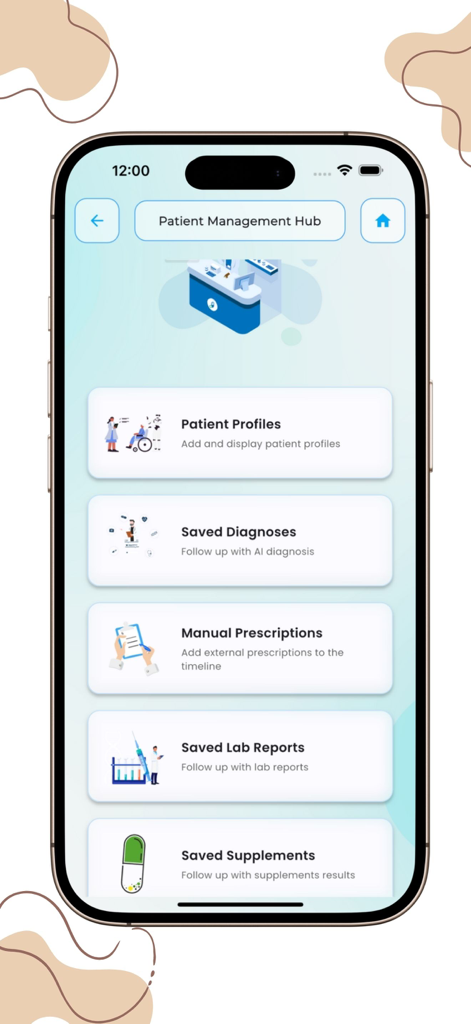 MediHelp: Drug Guide & Dosing - MediHelp app interface showing the Patient Management Hub with options for profiles and prescriptions