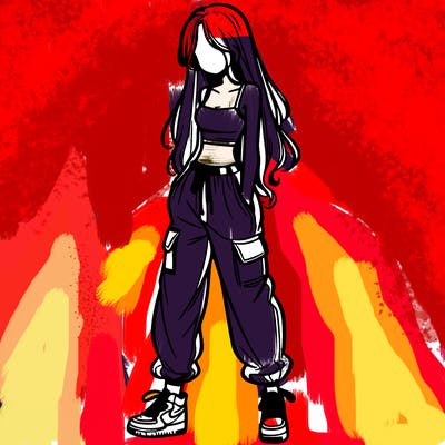 girl in baggy pants crop top and long hair