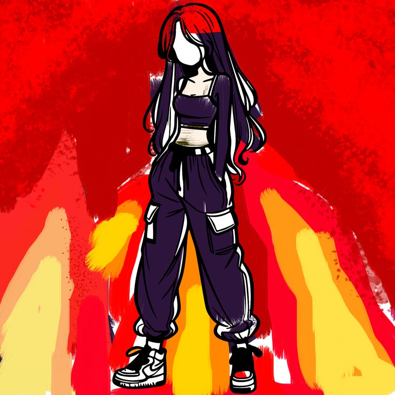 girl in baggy pants crop top and long hair