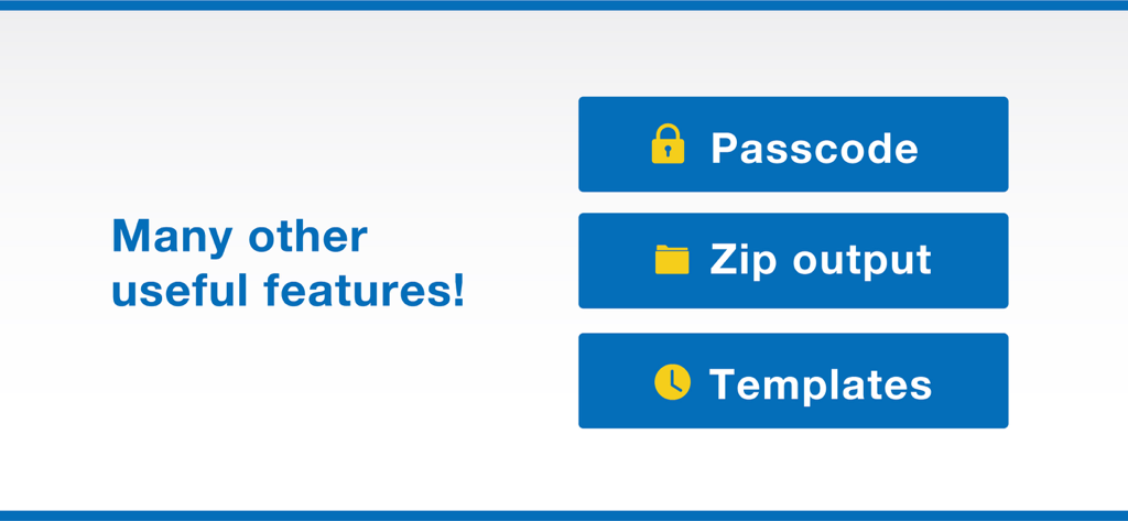 A list of additional features for the Smart Planner app including passcode protection, zip output, and templates