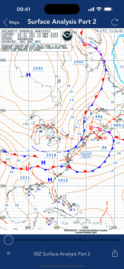 Sea Weather Professional - A technical Atlantic surface analysis weather map showing isobars and pressure systems for maritime navigation