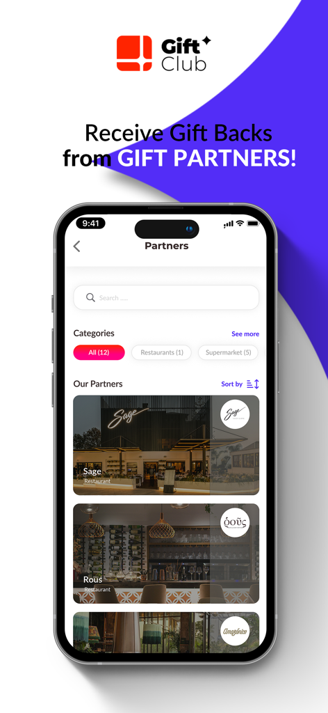 Star.Club - Pantalla móvil que muestra la sección de socios de la aplicación Star Club con listados de restaurantes y ofertas de regalo de vuelta