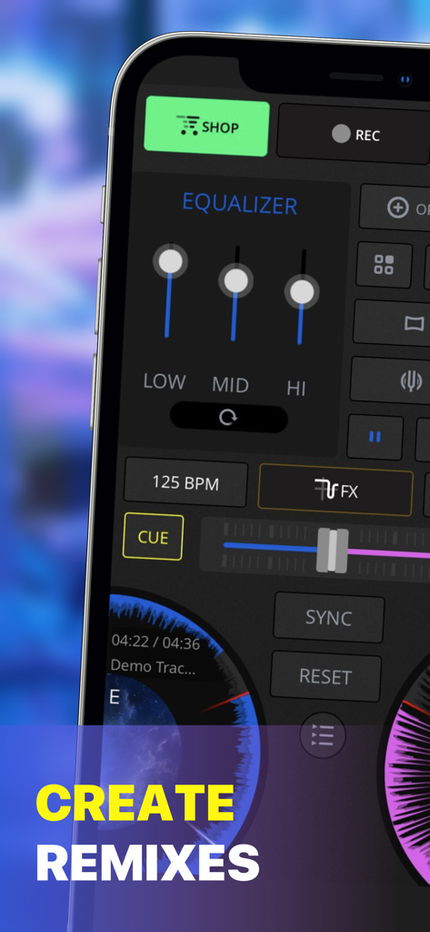 DJ Control - Remix music live - Close-up of the DJ Control app interface on an iPhone showing the equalizer sliders and BPM controls with the text Create Remixes.