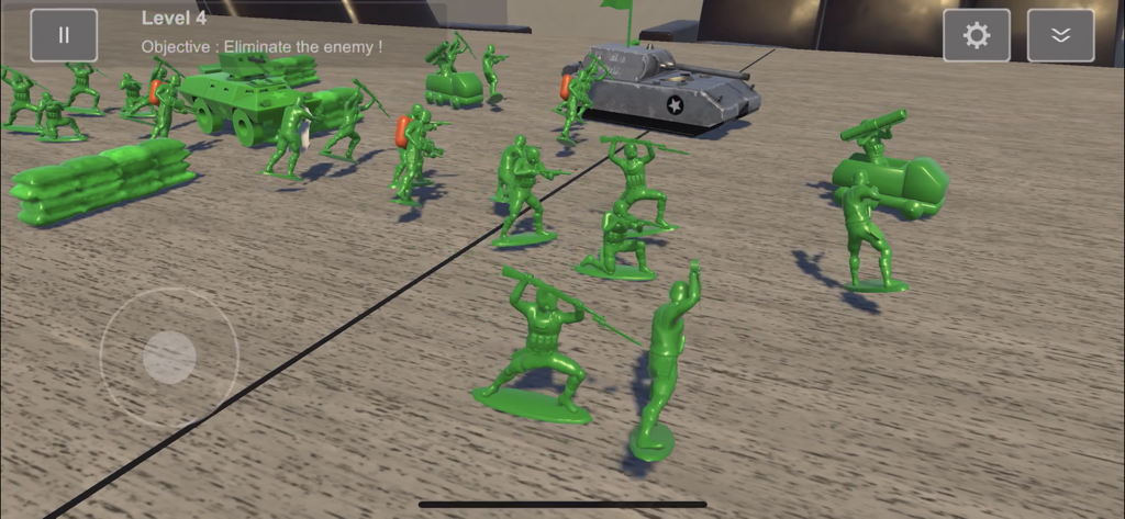 Green toy soldiers and a tank positioned for battle in a strategic simulation level of Toy Conflict