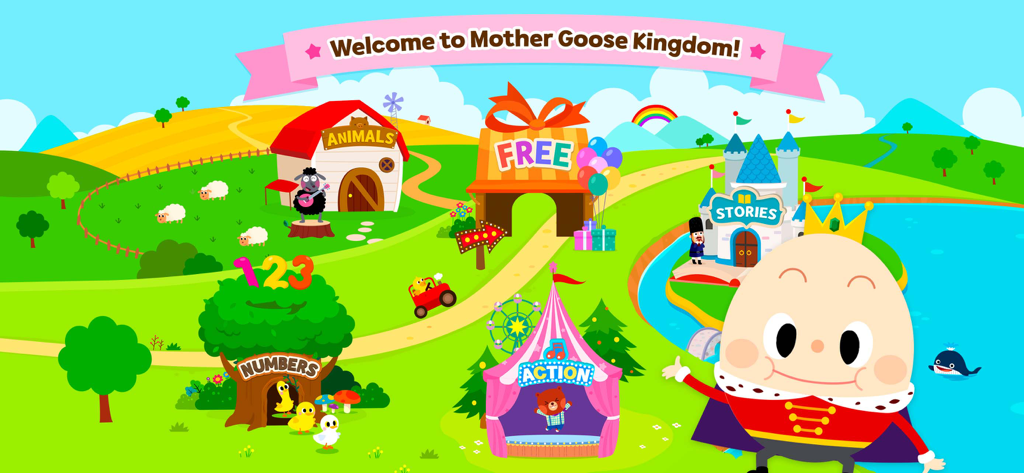 Pinkfong Mother Goose - Colorful main menu of Pinkfong Mother Goose app showing different educational activity zones including animals numbers and stories