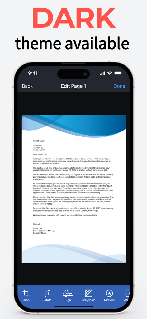 DocScan – PDF Document Scanner - iPhone showing DocScan app interface in dark mode with a document editing screen