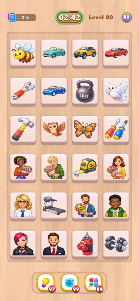 Icon Associations - Gameplay screen of Icon Associations showing a grid of diverse icons including animals vehicles and tools for a visual logic puzzle