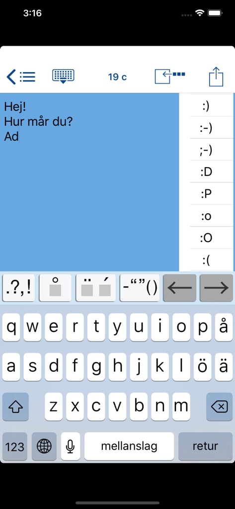 Easy Mailer Swedish Keyboard - Interface of the Easy Mailer Swedish Keyboard app showing a text editor with dedicated Swedish characters and arrow keys.