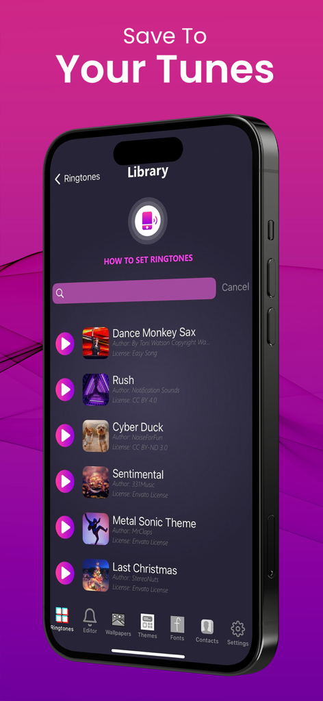 저장된 나만의 벨소리 목록을 보여주는 iPhone용 벨소리 앱의 라이브러리 화면