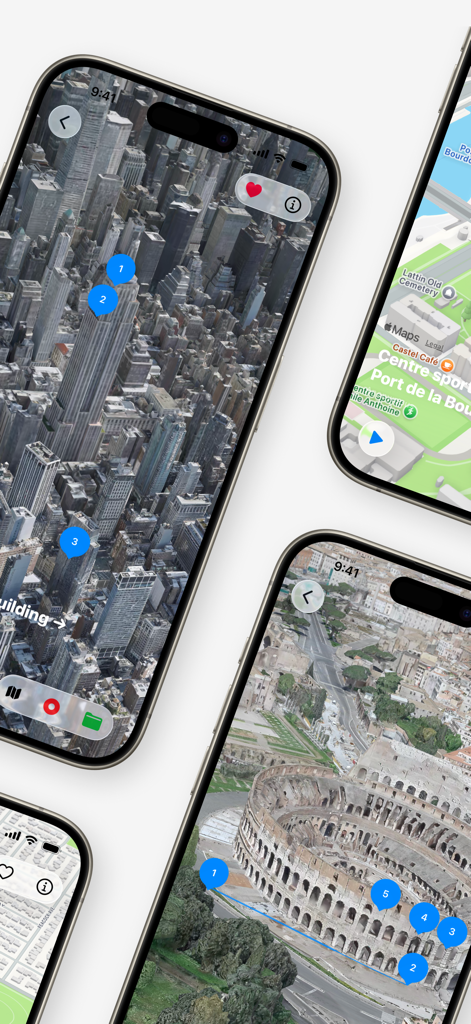 Skymera - 3D Map Studio - Skymera app screenshots showing cinematic 3D map flyover routes with pins over New York and Rome