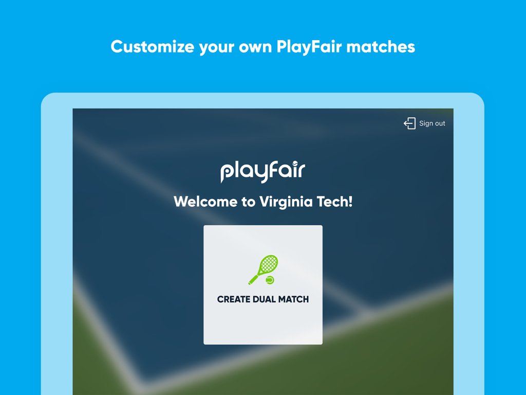 PlayFair by PlaySight - PlayFair app welcome screen for Virginia Tech with create dual match option