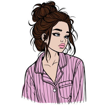 realistic woman with pajamas on and a messy bun