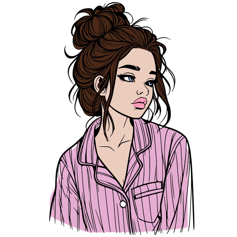 realistic woman with pajamas on and a messy bun