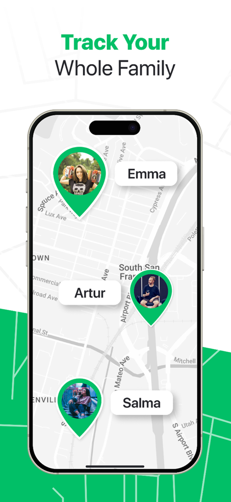 Geo Tracker GPS Phone Location - Interfaz de la aplicación móvil que muestra las ubicaciones GPS en tiempo real de los miembros de la familia en un mapa de calles