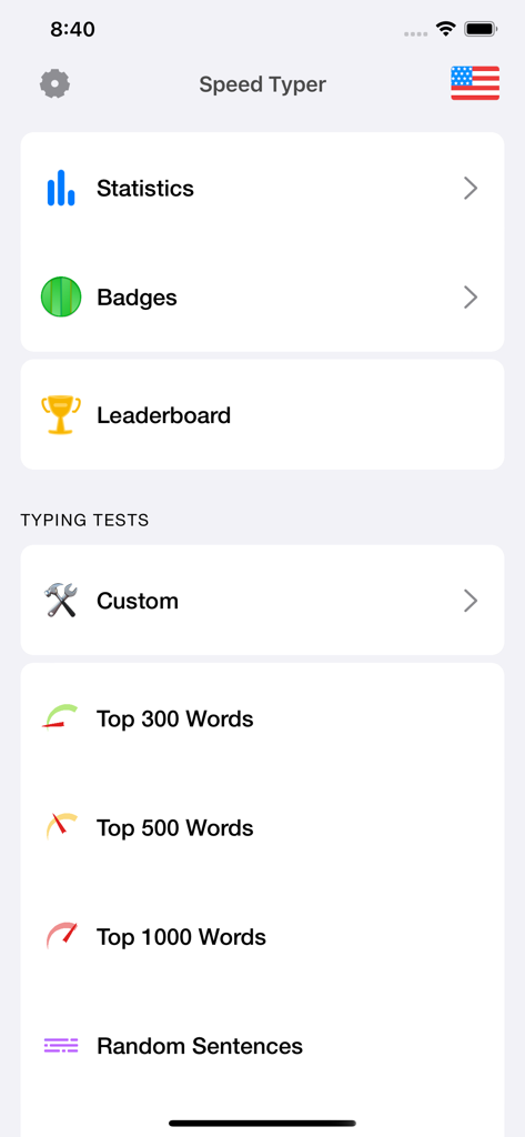 Menu principal do aplicativo Speed Typer mostrando estatísticas, distintivos, ranking e várias opções de teste de digitação.