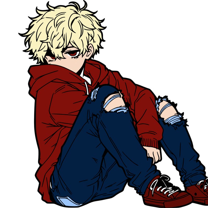 a male hoddie ripped jeans messy hair anime
