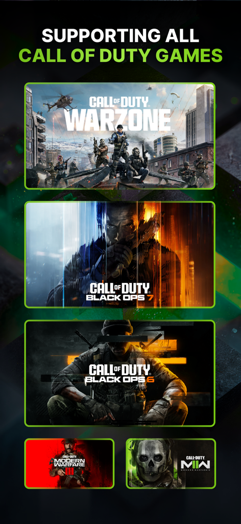 A list of Call of Duty titles supported by the CODMunity app including Warzone, Black Ops 7, and Modern Warfare.