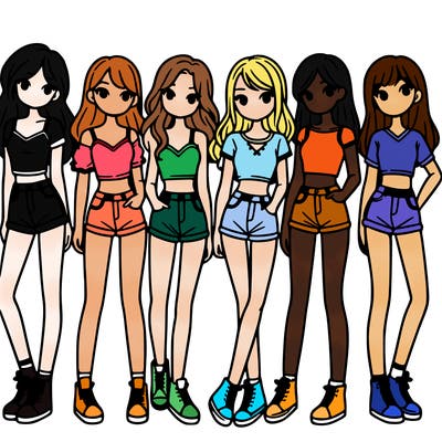 a group of girls wearing crop tops and shorts