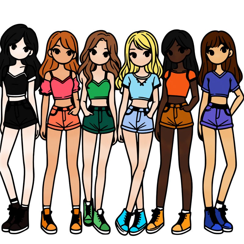 a group of girls wearing crop tops and shorts