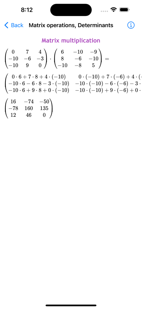 Math Solver Pro - Schritt-für-Schritt-Matrixmultiplikationslösung, die auf der Mathe-Löser Pro Mobile App-Oberfläche angezeigt wird.