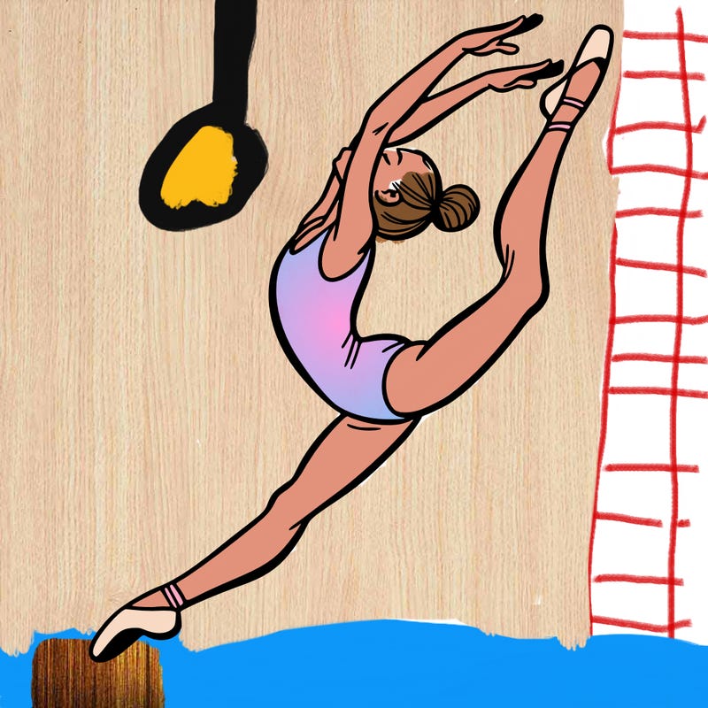 gymnast doing a leap in a leotard with a bent back leg