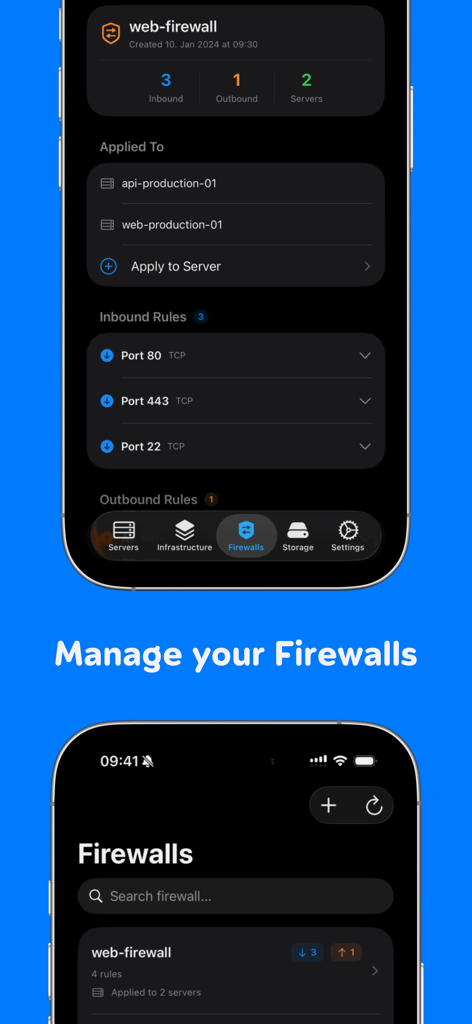 HetzMate for Hetzner Cloud - Mobile Benutzeroberfläche zur Verwaltung von Hetzner Cloud Firewall-Regeln und Serverzuweisungen.