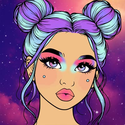 realistic girl with two buns on her hair and lips