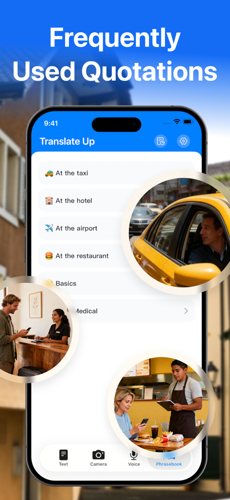 Translate Up app interface showing travel phrasebook categories for taxi, hotel, and restaurant scenarios.