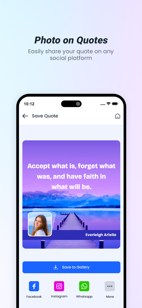 Quotes with name and photo - Interfaccia dell'app Quotify per salvare e condividere citazioni d'ispirazione personalizzate su foto
