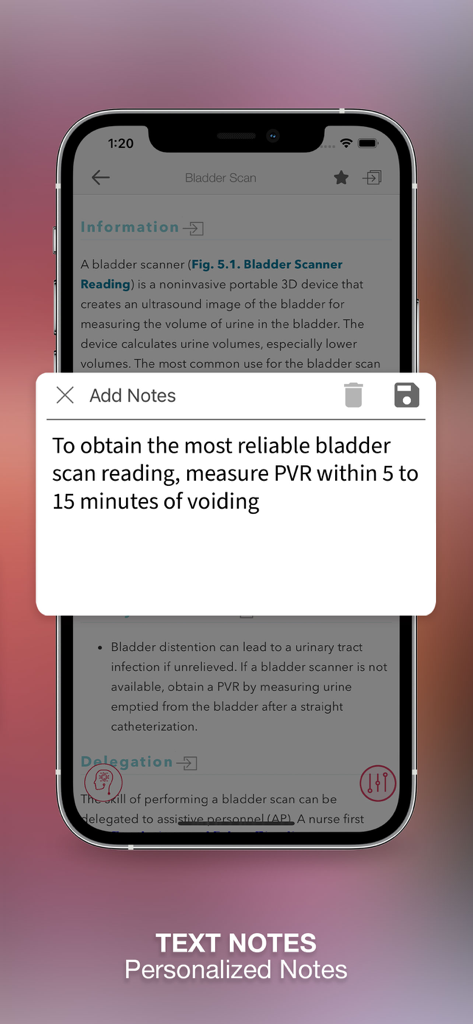 Nursing Skills & Procedures - Screenshot of the personalized text notes feature in the Nursing Skills and Procedures app showing a clinical tip for a bladder scan