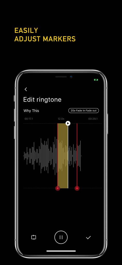 A smartphone screen showing the Ringtone Maker plus app interface for editing an audio file with adjustable start and end markers on a waveform.