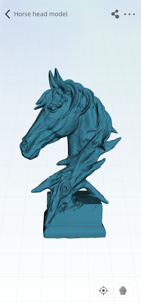 A detailed 3D mesh of a horse head statue captured with the Creality Scan mobile app