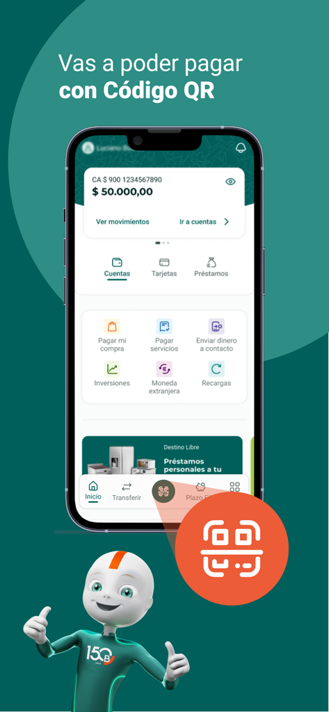 Bancón mobile banking app dashboard showing QR code payment options and financial management features