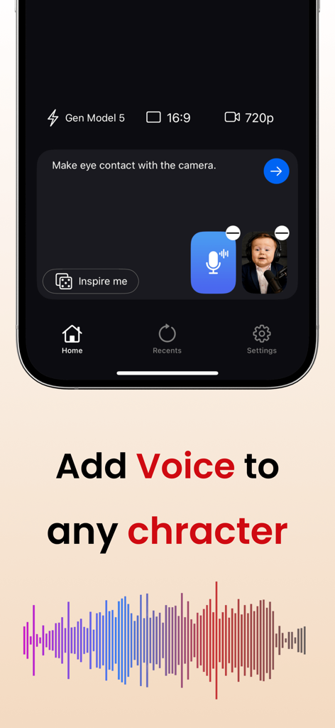 BabyCast AI - Video Generator - Interfaz de la aplicación BabyCast AI que muestra la función para agregar voz a un personaje con una onda de audio y un avatar de bebé.