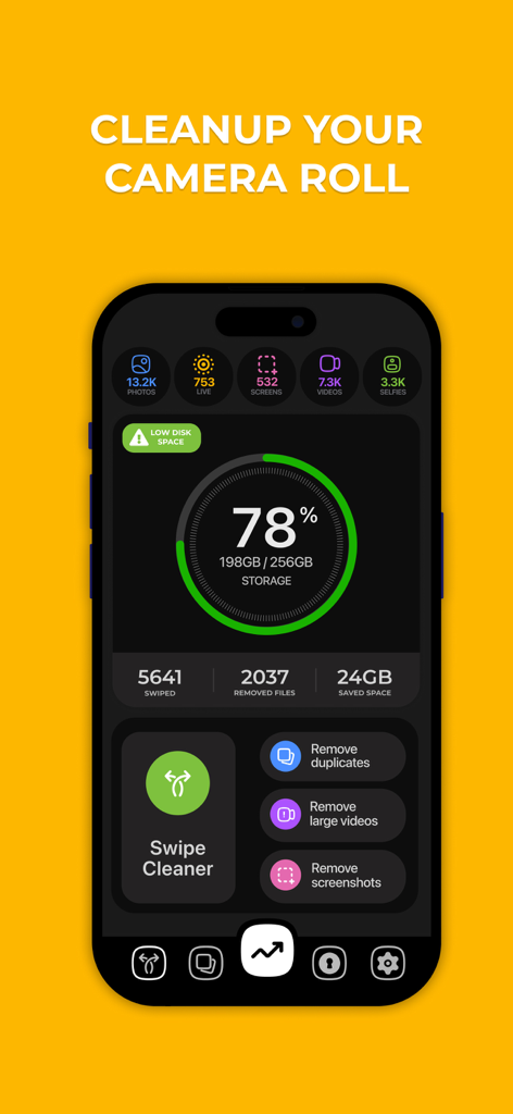 Interface of Swipe Photo Cleaner app displaying camera roll storage statistics and cleanup tools on an iPhone screen