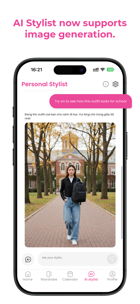 Benutzeroberfläche der Sty AI App, die ein von KI generiertes Bild eines Schuloutfits zeigt