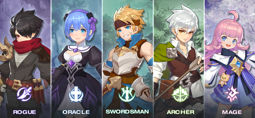 Guardians of Cloudia - Una línea de cinco clases de personajes de Guardians of Cloudia: Pícaro, Oráculo, Espadachín, Arquero y Mago, con un estilo de arte anime.