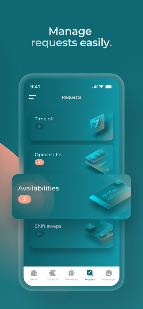 Agendrix – Employee Scheduling - Interface of the Agendrix app showing the requests management screen for time off, open shifts, availabilities, and shift swaps