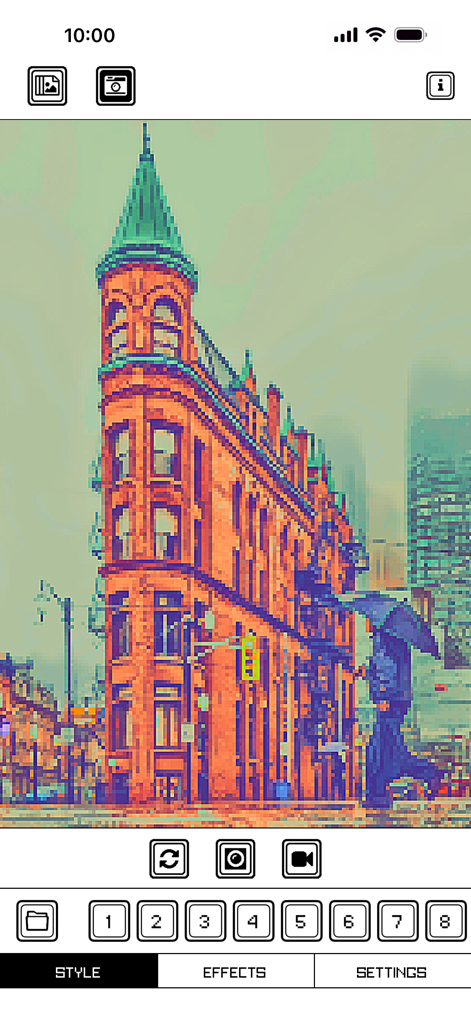 Un edificio histórico y una persona con un paraguas convertidos en pixel art retro utilizando la interfaz de la aplicación.