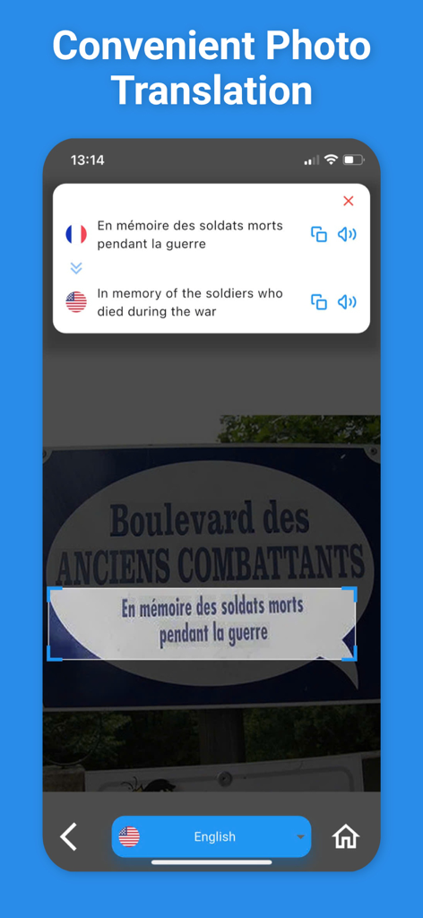 French Translator & More + - Mobile app screen showing the photo translation of a French street sign into English.