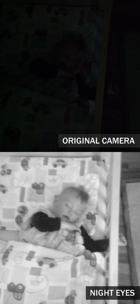 Night Eyes - Night Camera - Comparación lado a lado de una foto oscura de cámara original versus una foto brillante y clara de la aplicación Night Eyes de un bebé durmiendo en una cuna.