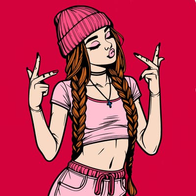realistic teenage girl with braids and a beanie and crop top doing 🫶🏼