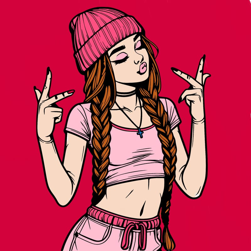 realistic teenage girl with braids and a beanie and crop top doing 🫶🏼