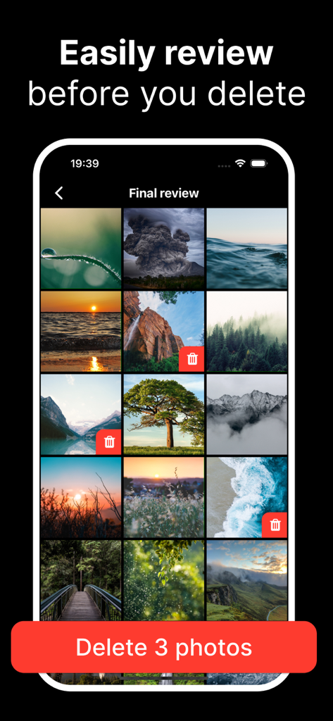 Photo Cleaner ® - Schermata di revisione finale dell'app Photo Cleaner che mostra una griglia di foto e un pulsante di eliminazione