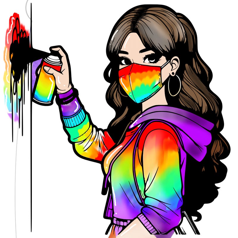 realistic girl with mask spray painting a wall