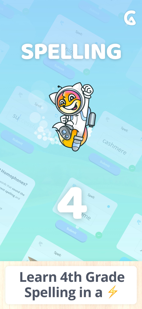 Spelling Ace 4th Grade - Spelling Ace 4th Grade app home screen with astronaut mascot