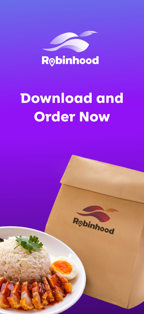 Robinhood: Food Delivery app - Promoción de la aplicación de entrega de comida Robinhood con una bolsa de entrega y un plato de arroz tailandés con cerdo crujiente