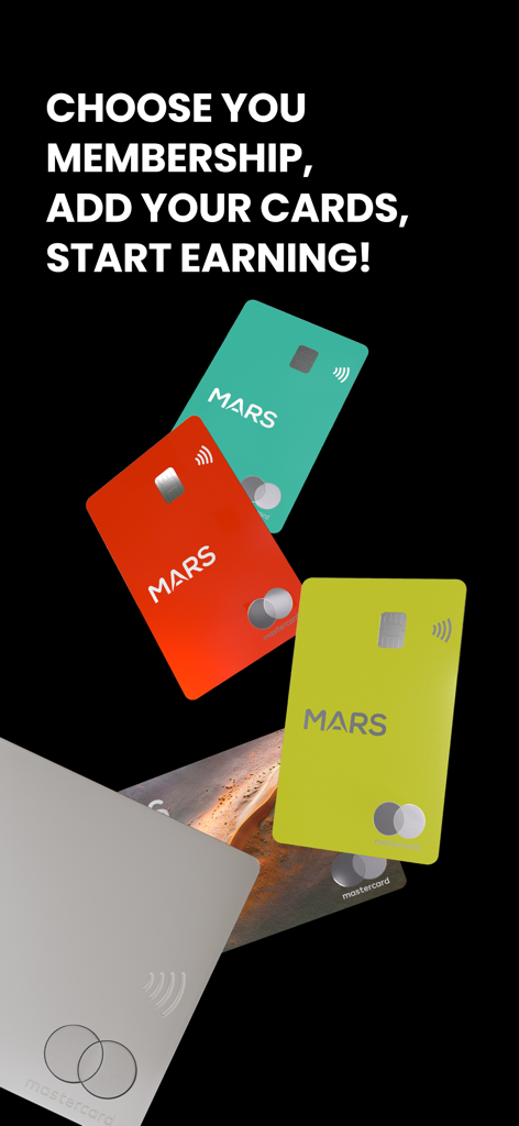 MARS Mobile Finance Services - A display of colorful MARS credit cards including the Titanium Metal and Nightglow editions against a dark background