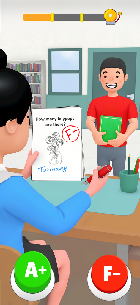 Pass or Fail - School Games - A teacher grading a student test paper with A plus and F minus buttons in a classroom setting.